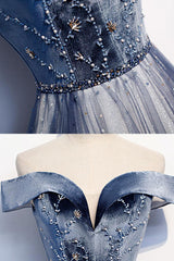 Blue Prom Dress Off the Shoulder Tulle Long Formal Dress Evening Dress