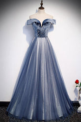 Blue Prom Dress Off the Shoulder Tulle Long Formal Dress Evening Dress