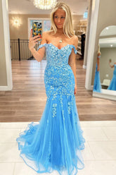 Blue Prom Dress Off the Shoulder Tulle Mermaid Evening Dress with Appliques