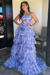 Blue Prom Dress Print Halter Keyhole Ruffle Tiered Long Evening Dress