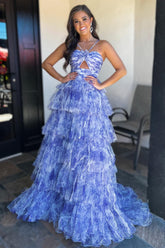 Blue Prom Dress Print Halter Keyhole Ruffle Tiered Long Evening Dress