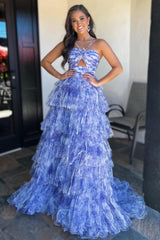 Blue Prom Dress Print Halter Keyhole Ruffle Tiered Long Evening Dress