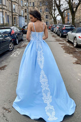 Blue Prom Dress Satin Lace Long Formal Gown Evening Dress