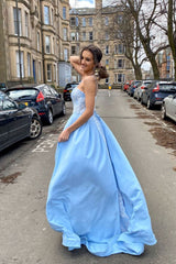Blue Prom Dress Satin Lace Long Formal Gown Evening Dress