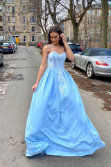 Blue Prom Dress Satin Lace Long Formal Gown Evening Dress