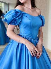 Blue Prom Dress Satin Long A Line Graduation Dress Evening Dress