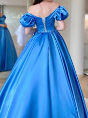 Blue Prom Dress Satin Long A Line Graduation Dress Evening Dress