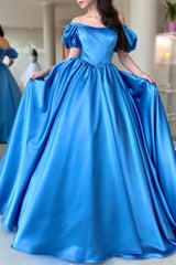 Blue Prom Dress Satin Long A Line Graduation Dress Evening Dress