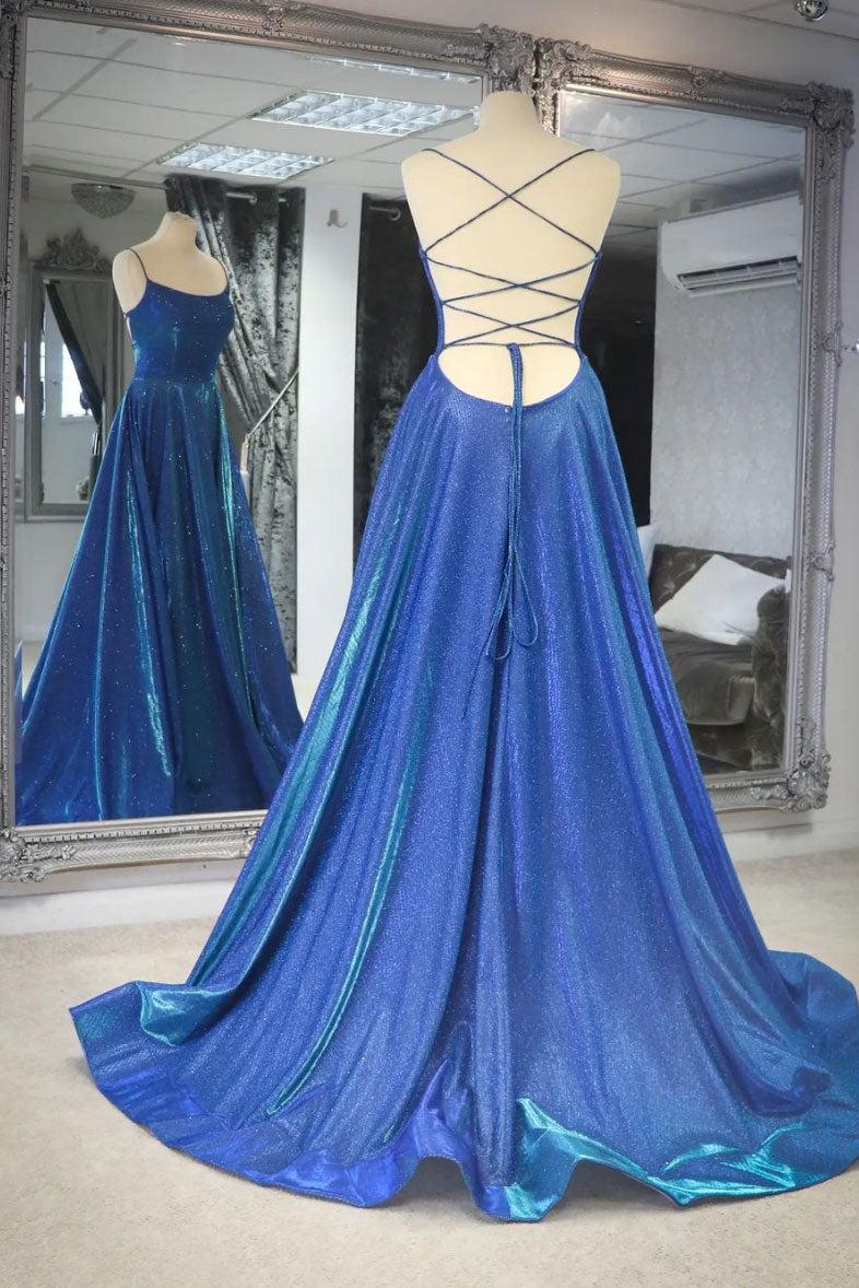 Blue Prom Dress Satin Long Backless Evening Dress