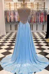Blue Prom Dress Satin Long Evening Dress