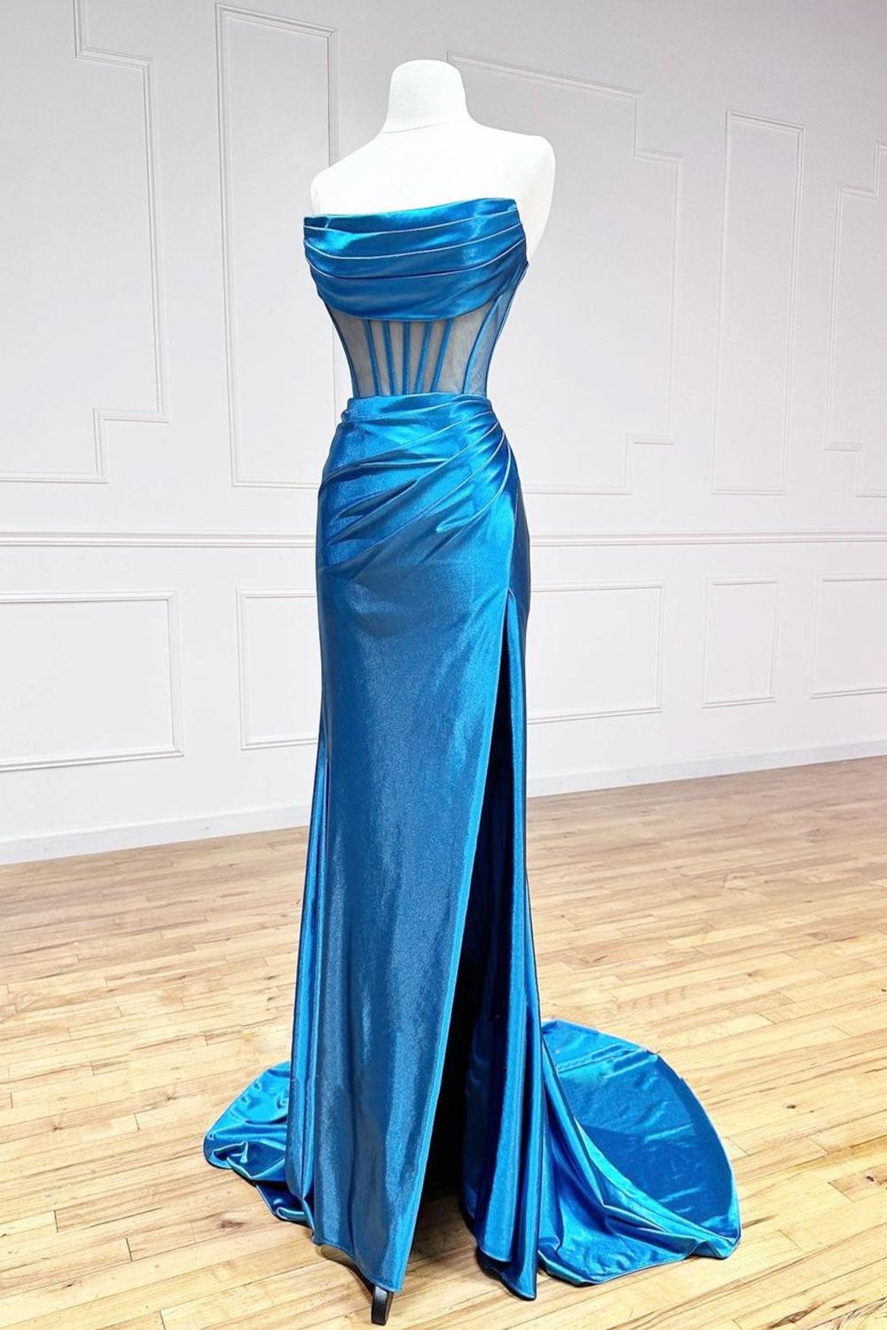 Blue Prom Dress Satin Long Mermaid Formal Evening Dress