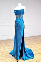 Blue Prom Dress Satin Long Mermaid Formal Evening Dress