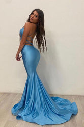 Blue Prom Dress Satin Mermaid Long Evening Dress