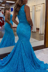 Blue Prom Dress Sequined Mermaid One Shoulder Long Evening Dress