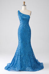 Blue Prom Dress Sequined Mermaid One Shoulder Long Evening Dress