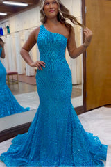 Blue Prom Dress Sequined Mermaid One Shoulder Long Evening Dress