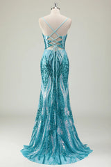 Blue Prom Dress Spaghetti Straps Mermaid Long Evening Dress with Sequined