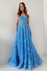 Blue Prom Dress Spaghetti Straps Tulle Appliques Long Evening Dress