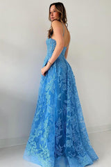 Blue Prom Dress Spaghetti Straps Tulle Appliques Long Evening Dress