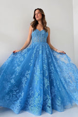 Blue Prom Dress Spaghetti Straps Tulle Appliques Long Evening Dress