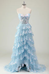 Blue Prom Dress Strapless Corset Long Sequined Evening Dress with Slit