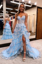 Blue Prom Dress Strapless Corset Long Sequined Evening Dress with Slit