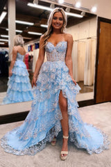 Blue Prom Dress Strapless Corset Long Sequined Evening Dress with Slit