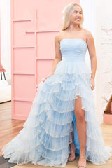 Blue Prom Dress Strapless Layered Tulle Elegant with Sequin Evening Dress