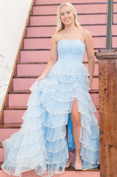 Blue Prom Dress Strapless Layered Tulle Elegant with Sequin Evening Dress