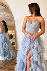 Blue Prom Dress Strapless Ruffle Tulle A Line Long Evening Dress with Split