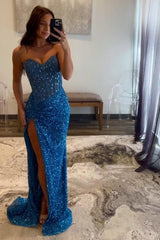 Blue Prom Dress Sweetheart Long Evening Dress with Slit