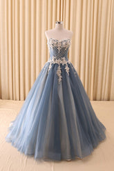 Blue Prom Dress Sweetheart Neck Lace Tulle Long Evening Dress
