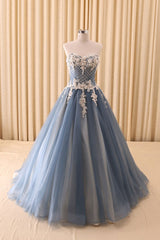 Blue Prom Dress Sweetheart Neck Lace Tulle Long Evening Dress