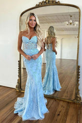 Blue Prom Dress Sweetheart Neck Lace Tulle Mermaid Long Formal Gown Evening Dress