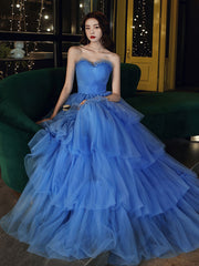 Blue Prom Dress Sweetheart Neck Long Formal Sweet 16 Dress Evening Dress