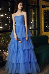 Blue Prom Dress Sweetheart Neck Long Formal Sweet 16 Dress Evening Dress