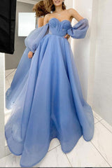Blue Prom Dress Sweetheart Neck Organza Long Formal Evening Dress