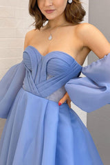 Blue Prom Dress Sweetheart Neck Organza Long Formal Evening Dress
