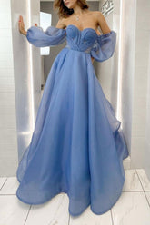 Blue Prom Dress Sweetheart Neck Organza Long Formal Evening Dress