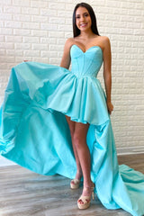 Blue Prom Dress Sweetheart Neck Satin High Low Evening Dress