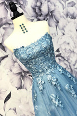 Blue Prom Dress Sweetheart Neck Tulle Appliques Long Formal Gown Evening Dress