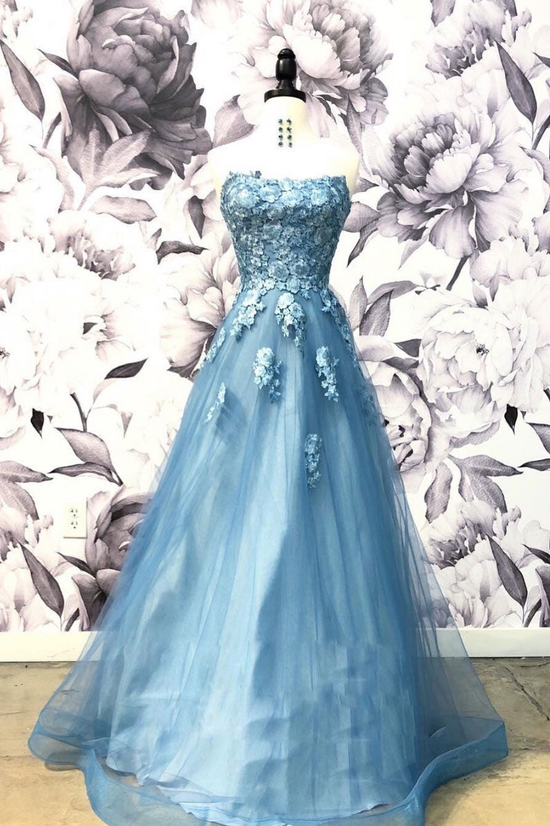 Blue Prom Dress Sweetheart Neck Tulle Appliques Long Formal Gown Evening Dress