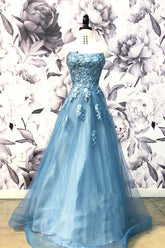 Blue Prom Dress Sweetheart Neck Tulle Appliques Long Formal Gown Evening Dress