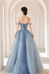 Blue Prom Dress Sweetheart Neck Tulle Beaded Long Formal Evening Dress