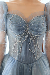 Blue Prom Dress Sweetheart Neck Tulle Beaded Long Formal Evening Dress