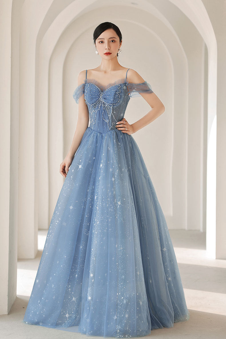 Blue Prom Dress Sweetheart Neck Tulle Beaded Long Formal Evening Dress
