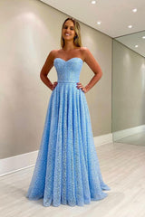 Blue Prom Dress Sweetheart Neck Tulle Beaded Long Formal Evening Dress