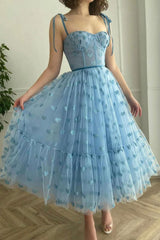 Blue Prom Dress Sweetheart Neck Tulle Formal Evening Dress