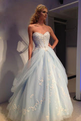 Blue Prom Dress Sweetheart Neck Tulle Lace Appliques Long Evening Dress