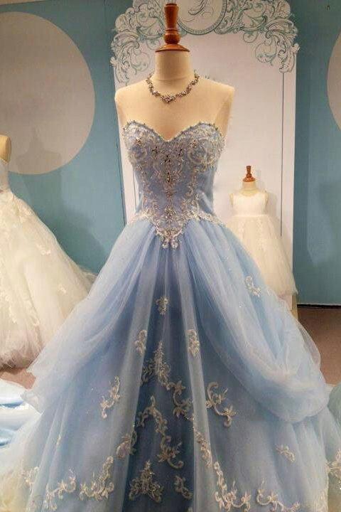Blue Prom Dress Sweetheart Neck Tulle Lace Appliques Long Evening Dress